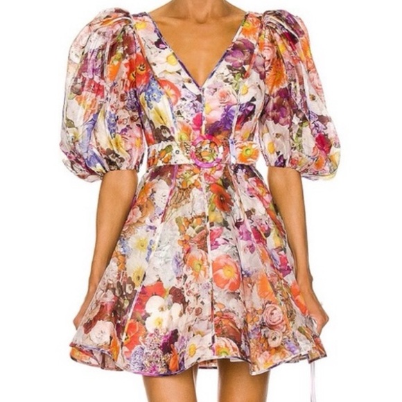 Zimmermann Dresses & Skirts - Zimmermann Prima Belted Floral Puff-Sleeve Linen and Silk V-Neck Mini Dress